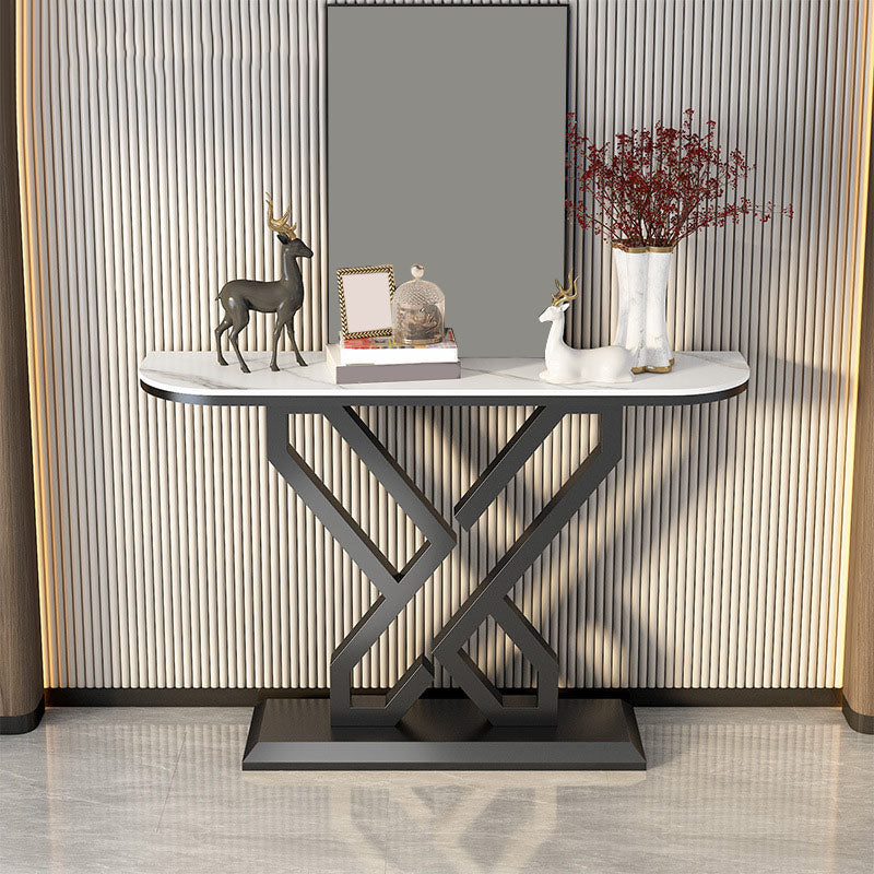 Glam Metal Accent Table Half Moon Stone Sofa Console Table for Hall