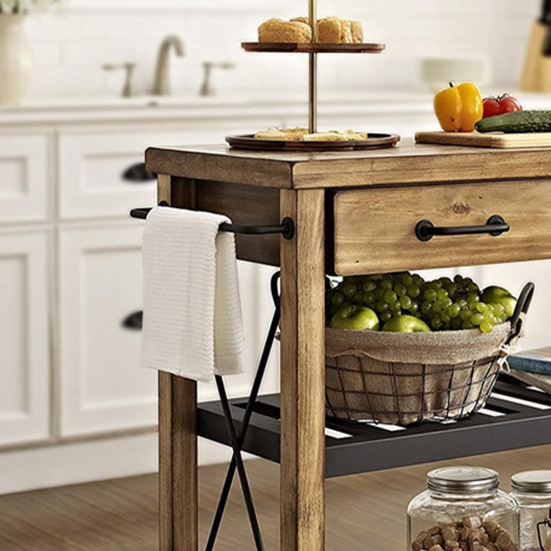 Rolling Solid Wood Kitchen Island Home Dining Kitchen Trolley with Towel Rack