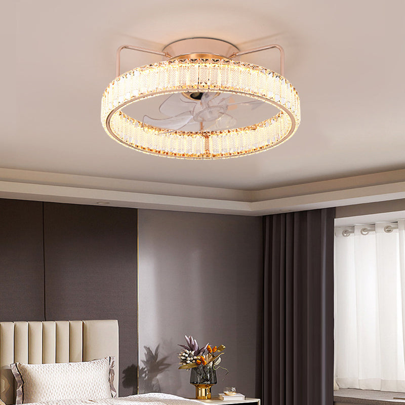 7-Blade LED Ceiling Fan Contemporary Crystal Golden Fan with Light for Foyer