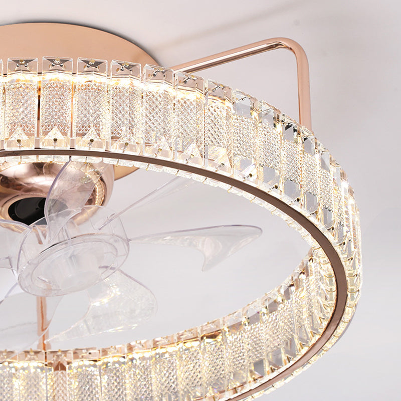 7-Blade LED Ceiling Fan Contemporary Crystal Golden Fan with Light for Foyer