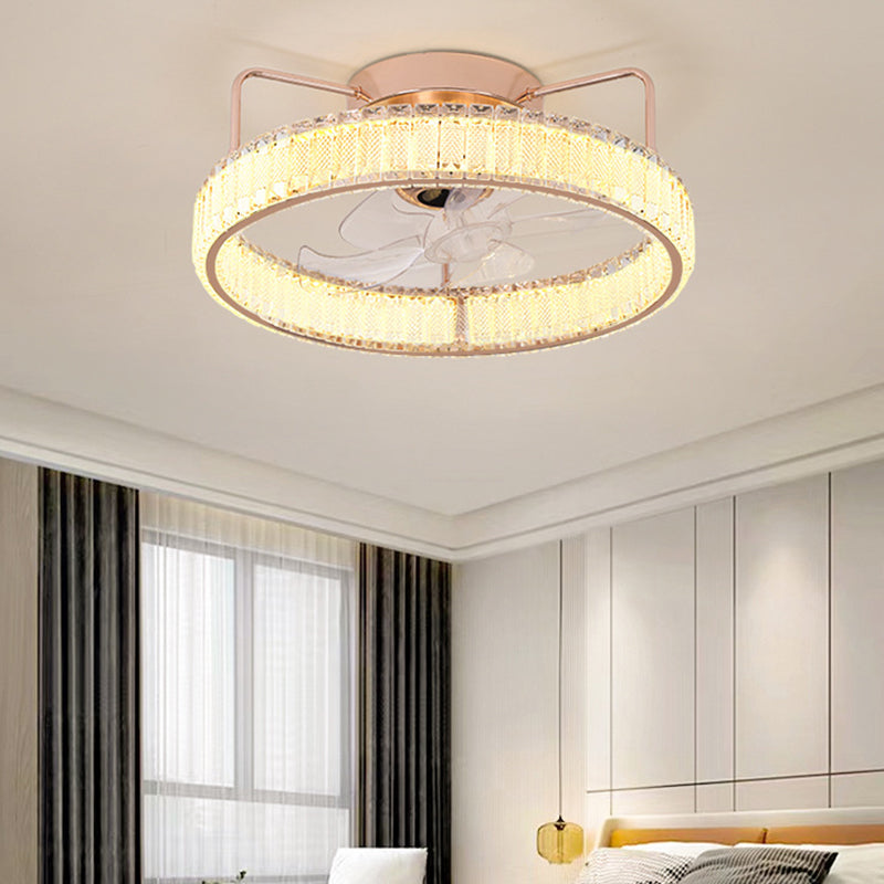 7-Blade LED Ceiling Fan Contemporary Crystal Golden Fan with Light for Foyer