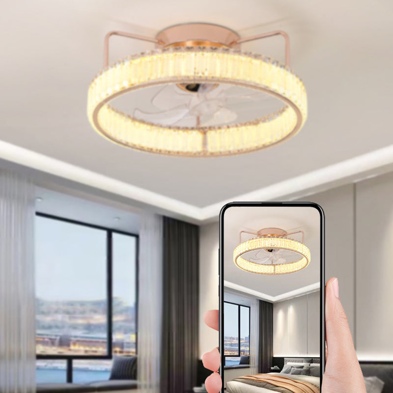 7-Blade LED Ceiling Fan Contemporary Crystal Golden Fan with Light for Foyer