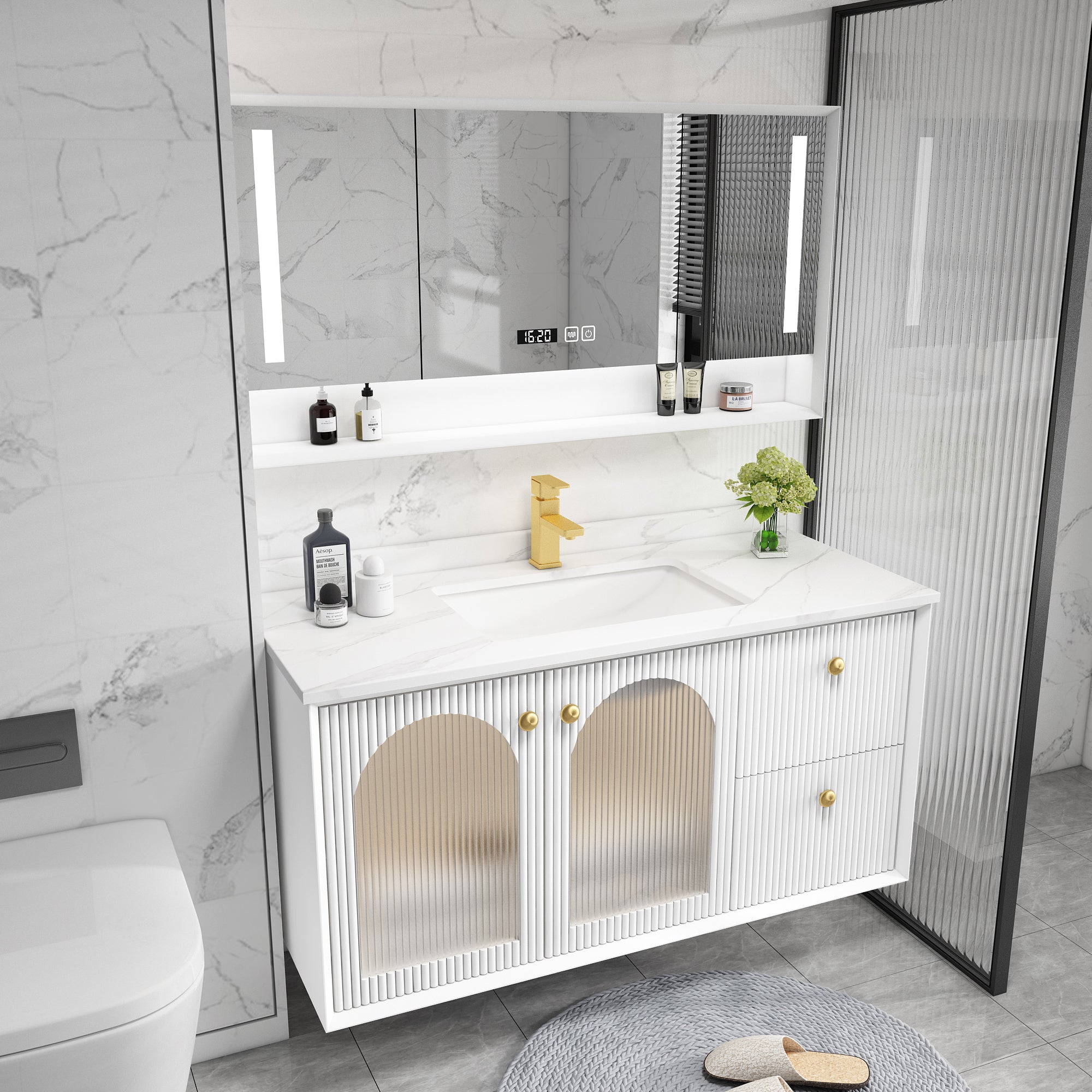 Waterproof Bathroom Vanity Rectangle Single Sink Wood Frame Wall-Mounted Drawers Vanity