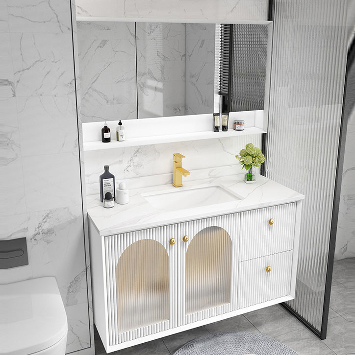 Waterproof Bathroom Vanity Rectangle Single Sink Wood Frame Wall-Mounted Drawers Vanity