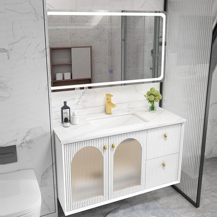 Waterproof Bathroom Vanity Rectangle Single Sink Wood Frame Wall-Mounted Drawers Vanity