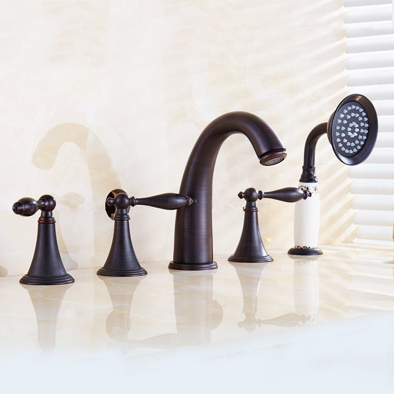 Traditional Roman Tub Faucet Set Copper Deck Mounted Triple Handle Roman Bathtub Faucet