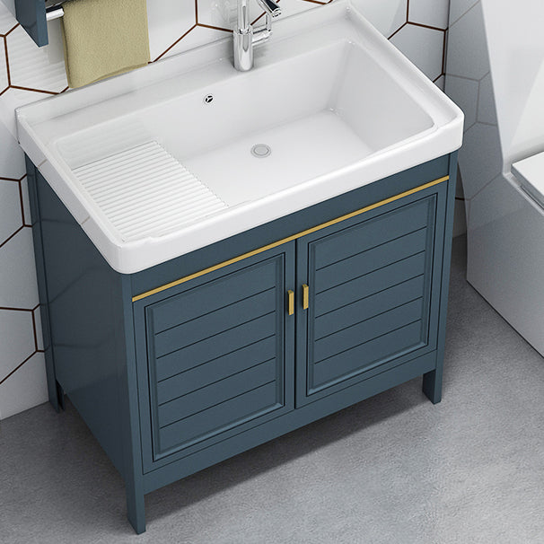 Blue Bath Vanity Single Sink Freestanding Metal Frame Mirror Vanity with Soft Close Doors