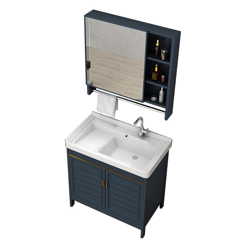 Blue Bath Vanity Single Sink Freestanding Metal Frame Mirror Vanity with Soft Close Doors