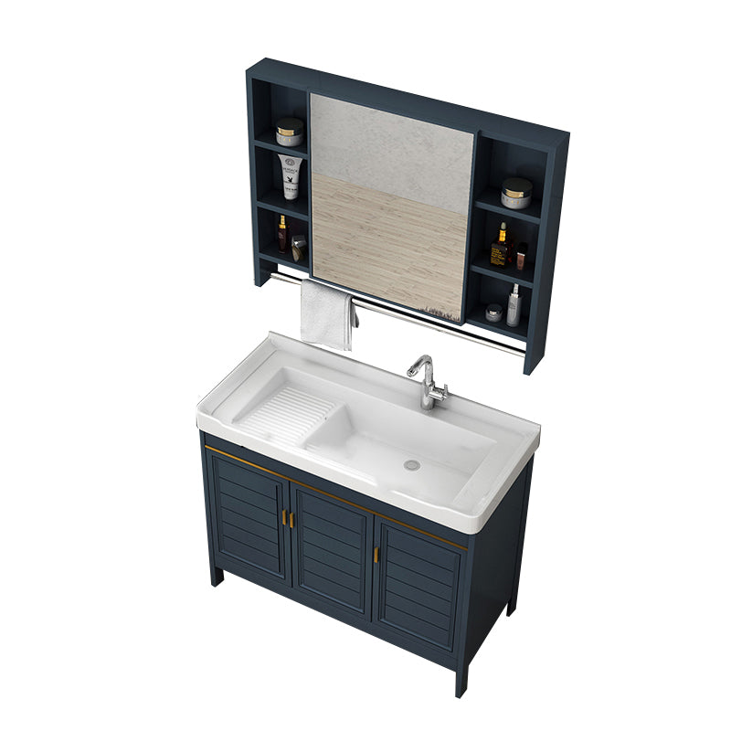 Blue Bath Vanity Single Sink Freestanding Metal Frame Mirror Vanity with Soft Close Doors