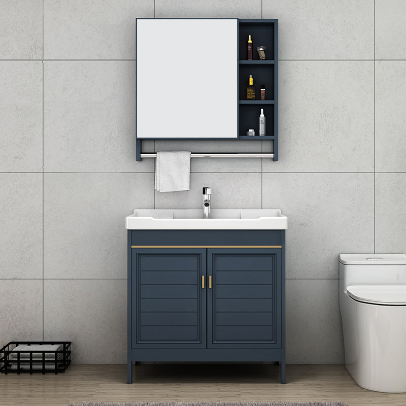 Blue Bath Vanity Single Sink Freestanding Metal Frame Mirror Vanity with Soft Close Doors
