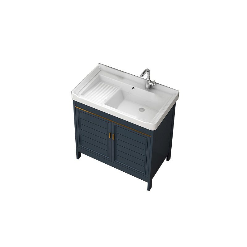 Blue Bath Vanity Single Sink Freestanding Metal Frame Mirror Vanity with Soft Close Doors