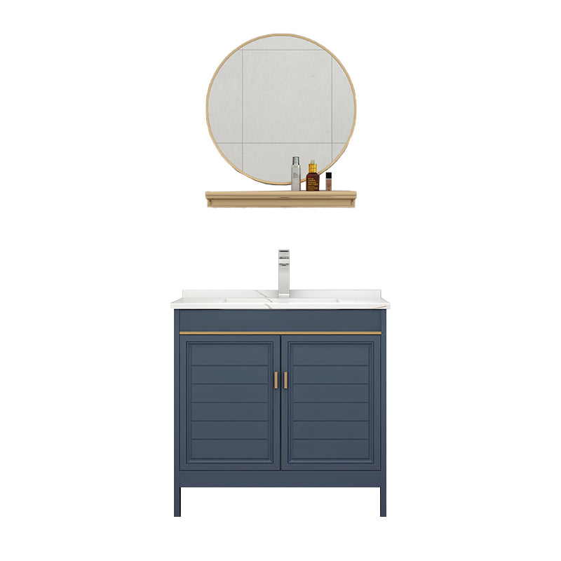 Blue Bath Vanity Single Sink Freestanding Metal Frame Mirror Vanity with Soft Close Doors