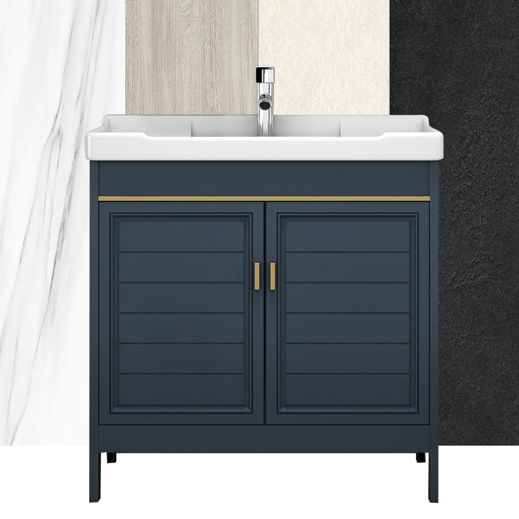 Blue Bath Vanity Single Sink Freestanding Metal Frame Mirror Vanity with Soft Close Doors