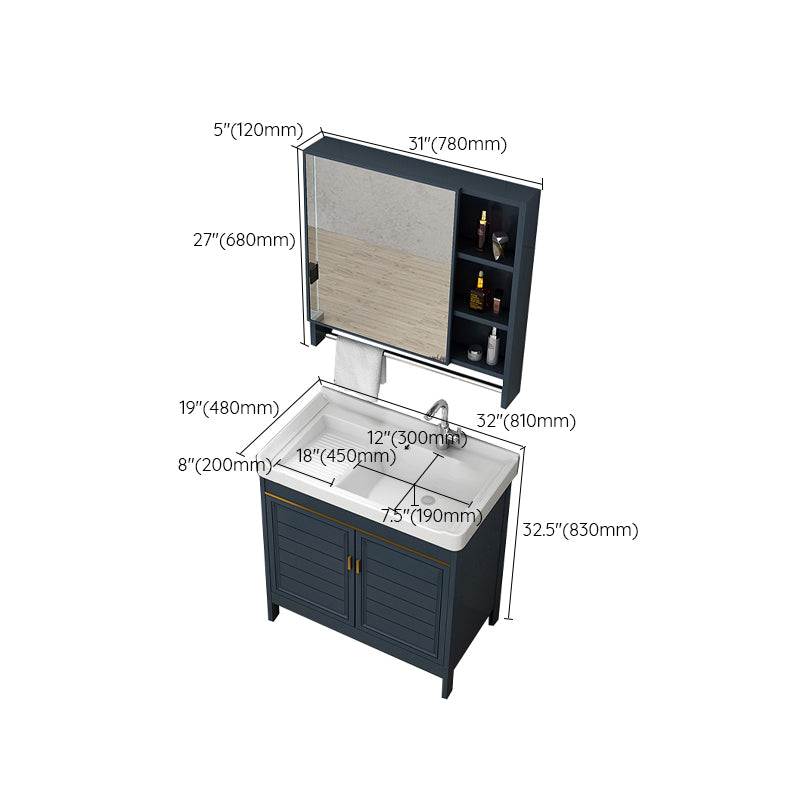Blue Bath Vanity Single Sink Freestanding Metal Frame Mirror Vanity with Soft Close Doors