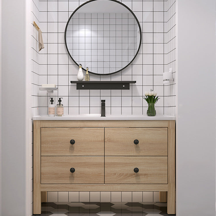 Wood Frame Vanity Mirror Freestanding Single Sink Scratch Resistant Vanity with Drawers