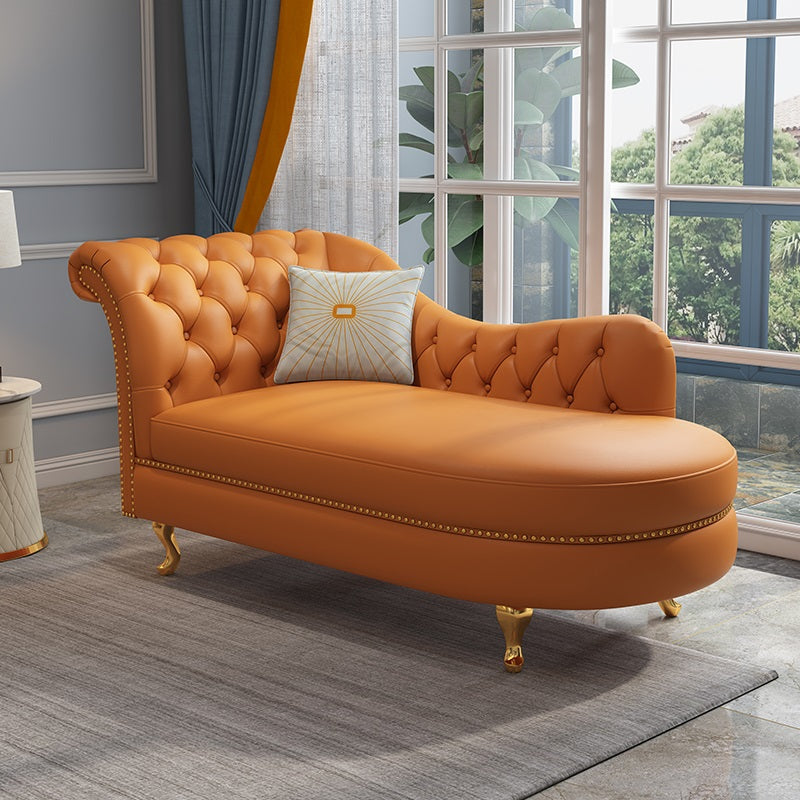 Tufted Genuine Leather Chaise Lounge Rolled Arms Lounge Chair for Bedroom and Living Room
