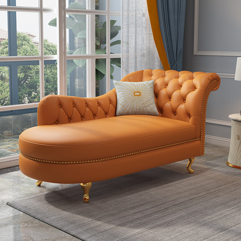 Tufted Genuine Leather Chaise Lounge Rolled Arms Lounge Chair for Bedroom and Living Room