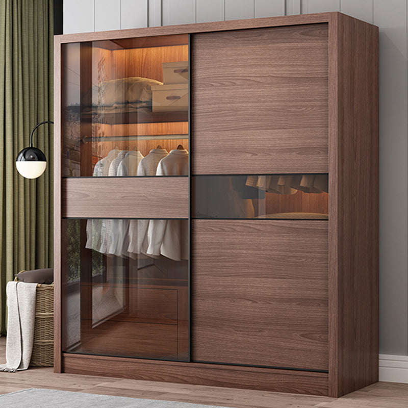 2 Glass Sliding Doors Wardrobe Modern Wood Wardrobe with Drawer