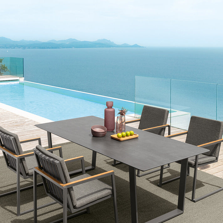 Modern Rectangle Patio Table Outdoor Stone Top and Steel Frame Dining Table