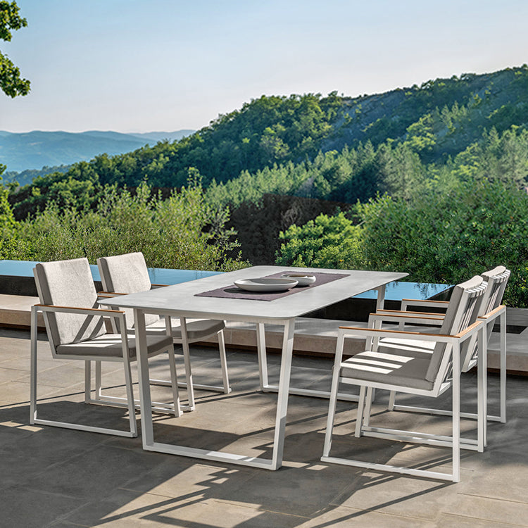 Modern Rectangle Patio Table Outdoor Stone Top and Steel Frame Dining Table