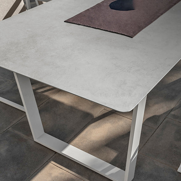 Modern Rectangle Patio Table Outdoor Stone Top and Steel Frame Dining Table