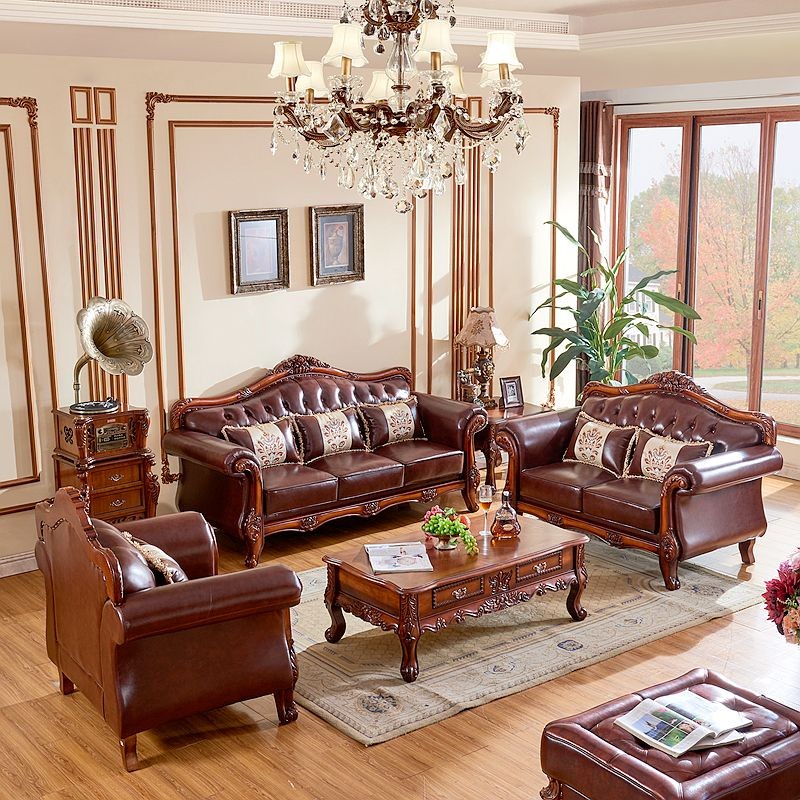 Genuine Leather Tufted Back Sofa Leather Round Arm Sofa in Brown