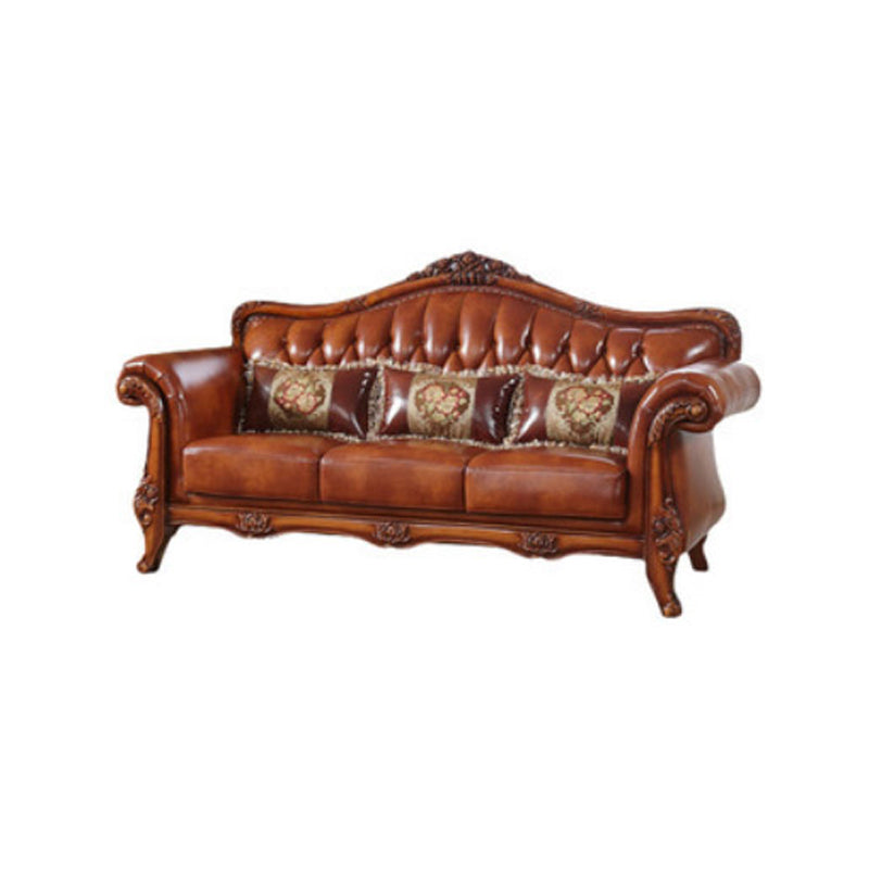 Genuine Leather Tufted Back Sofa Leather Round Arm Sofa in Brown