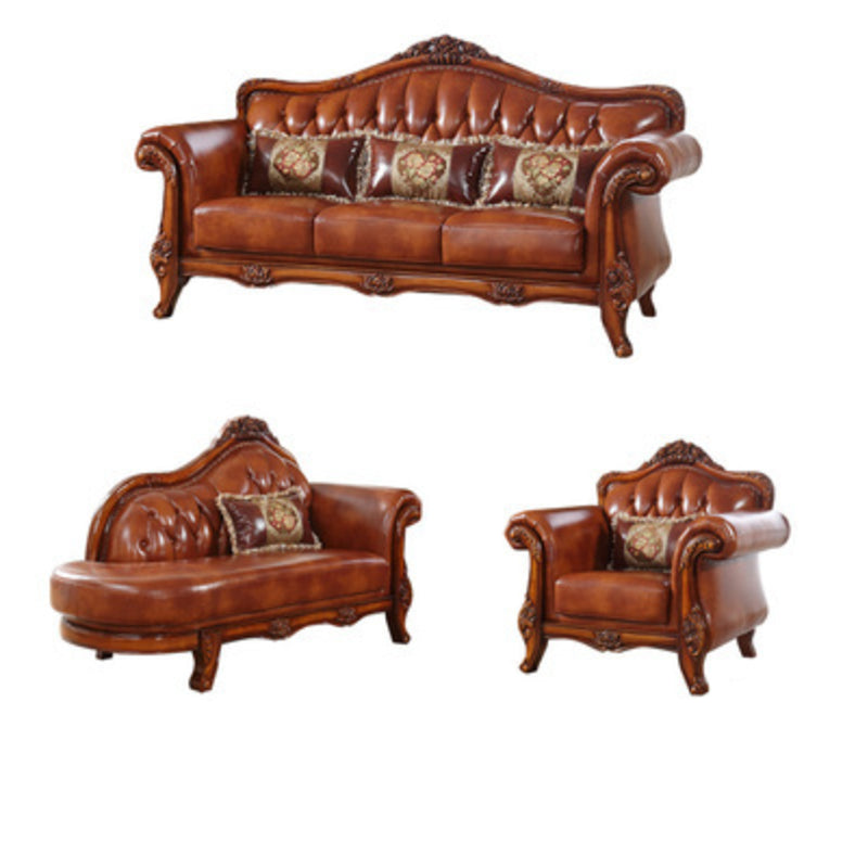 Genuine Leather Tufted Back Sofa Leather Round Arm Sofa in Brown
