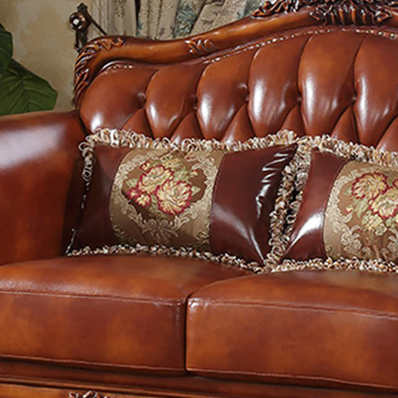 Genuine Leather Tufted Back Sofa Leather Round Arm Sofa in Brown