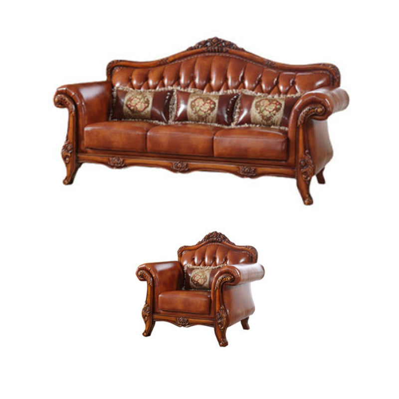 Genuine Leather Tufted Back Sofa Leather Round Arm Sofa in Brown