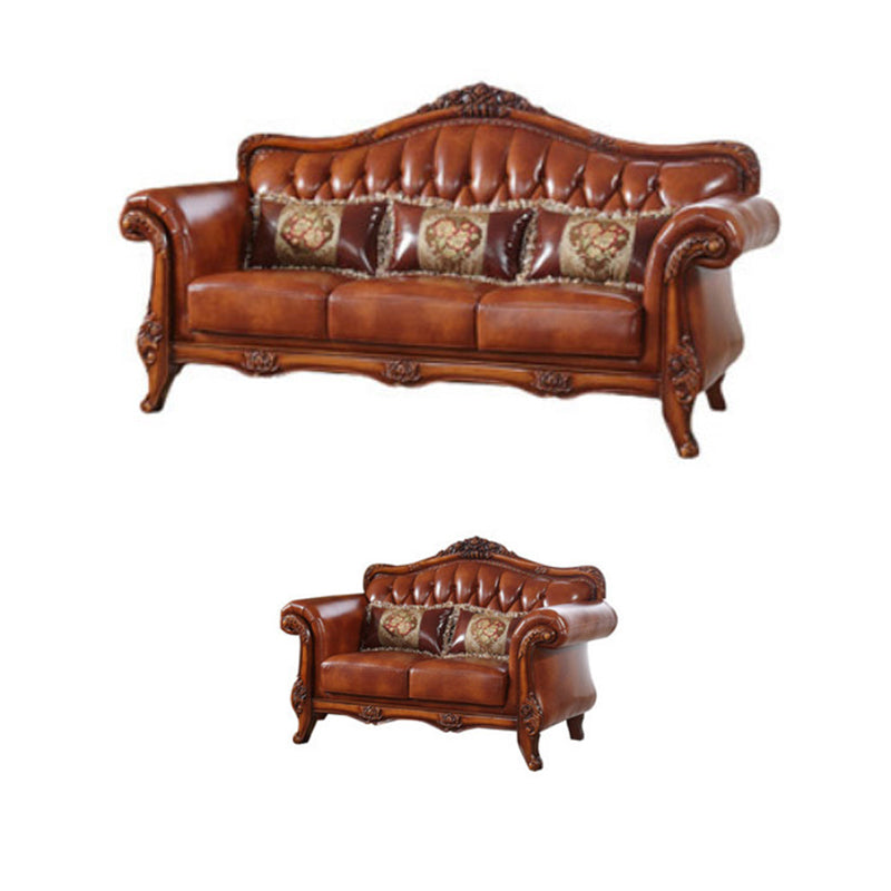 Genuine Leather Tufted Back Sofa Leather Round Arm Sofa in Brown
