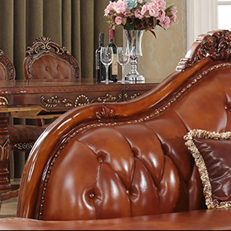 Genuine Leather Tufted Back Sofa Leather Round Arm Sofa in Brown