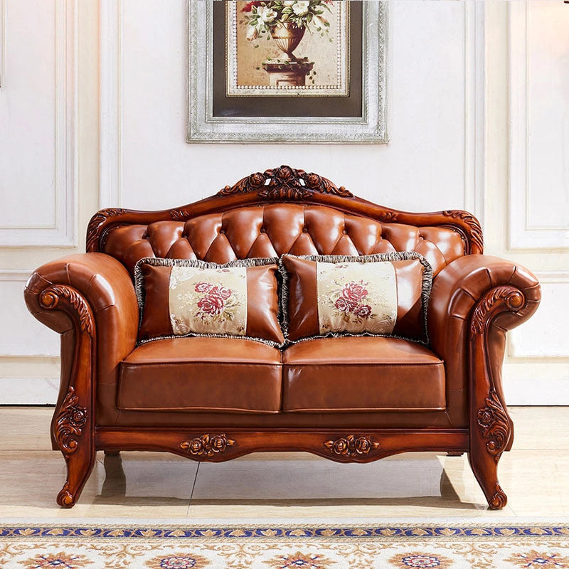 Genuine Leather Tufted Back Sofa Leather Round Arm Sofa in Brown