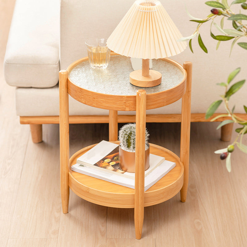French Country Side Table Wood and Glass Round Accent Side Table