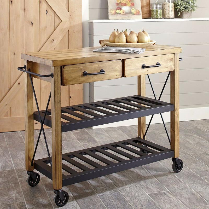 Solid Wood Rolling Kitchen Island Modern Kitchen Trolley with Towel Rack