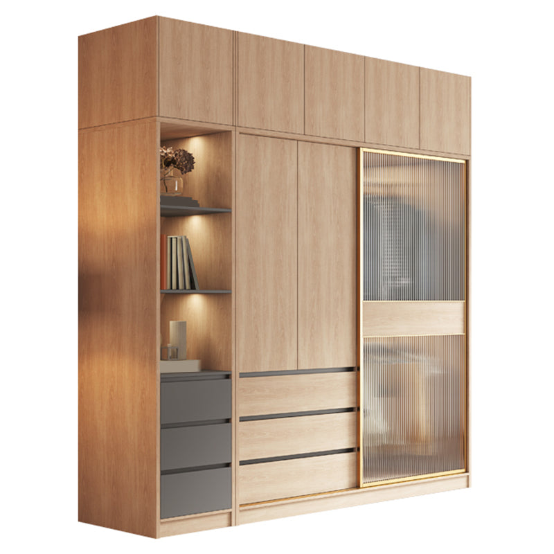 Contemporary Glass Sliding Doors Wardrobe Natural Wood Wardrobe with Drawers