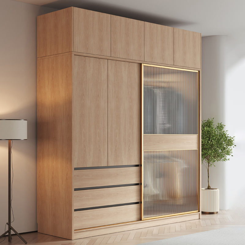 Contemporary Glass Sliding Doors Wardrobe Natural Wood Wardrobe with Drawers