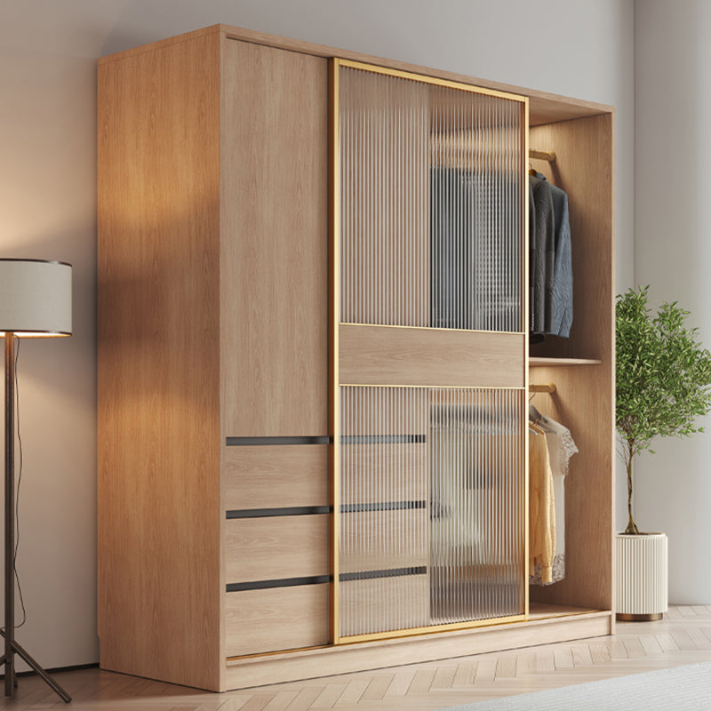 Contemporary Glass Sliding Doors Wardrobe Natural Wood Wardrobe with Drawers