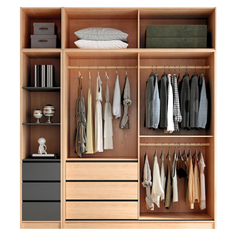 Contemporary Glass Sliding Doors Wardrobe Natural Wood Wardrobe with Drawers