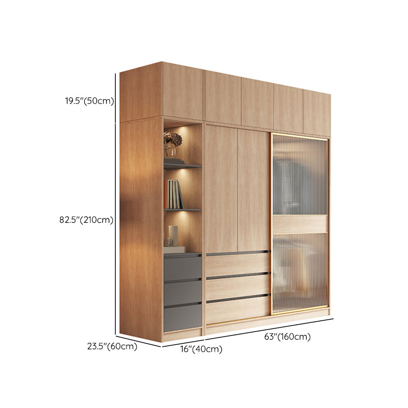 Contemporary Glass Sliding Doors Wardrobe Natural Wood Wardrobe with Drawers