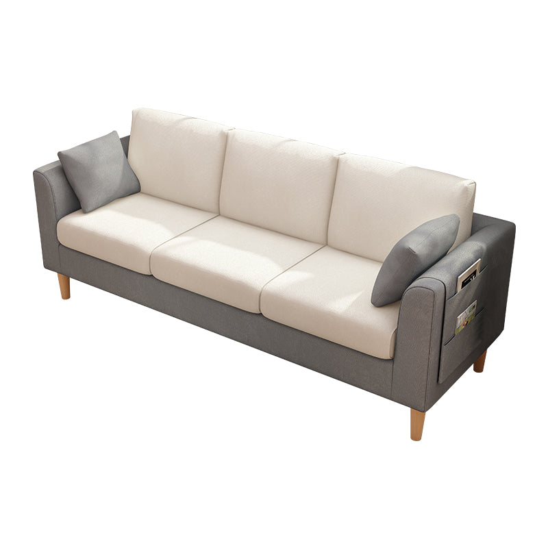 Scandinavian 3 Seater Sofa with Pillows Back and Tuxedo Arm and Solid Wood Legs