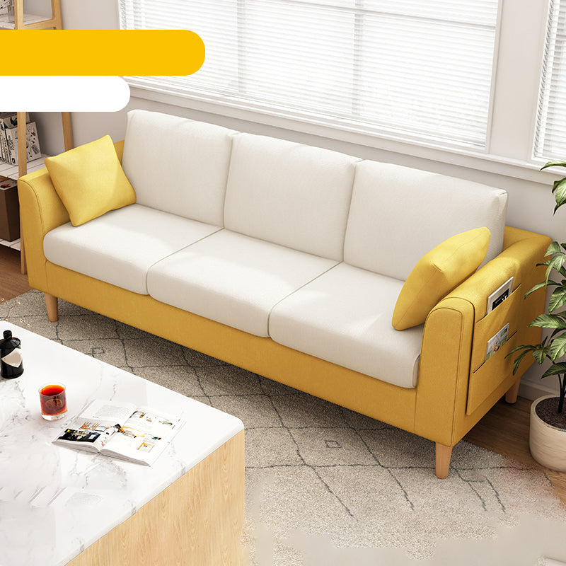 Scandinavian 3 Seater Sofa with Pillows Back and Tuxedo Arm and Solid Wood Legs