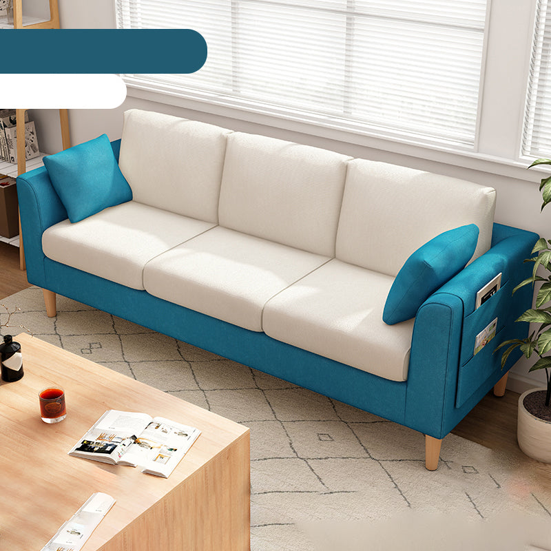 Scandinavian 3 Seater Sofa with Pillows Back and Tuxedo Arm and Solid Wood Legs