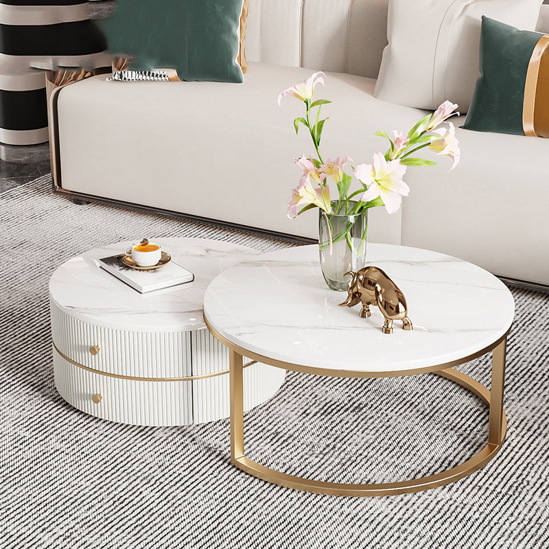 Round Coffee Table Slate Frame Nesting Coffee Table Set with Drawer