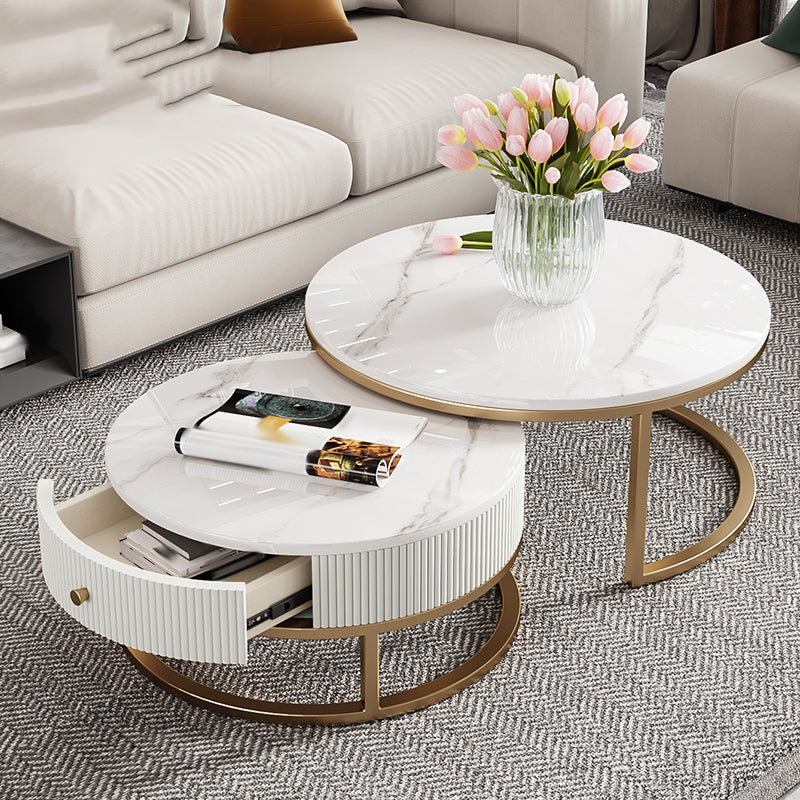 Round Coffee Table Slate Frame Nesting Coffee Table Set with Drawer