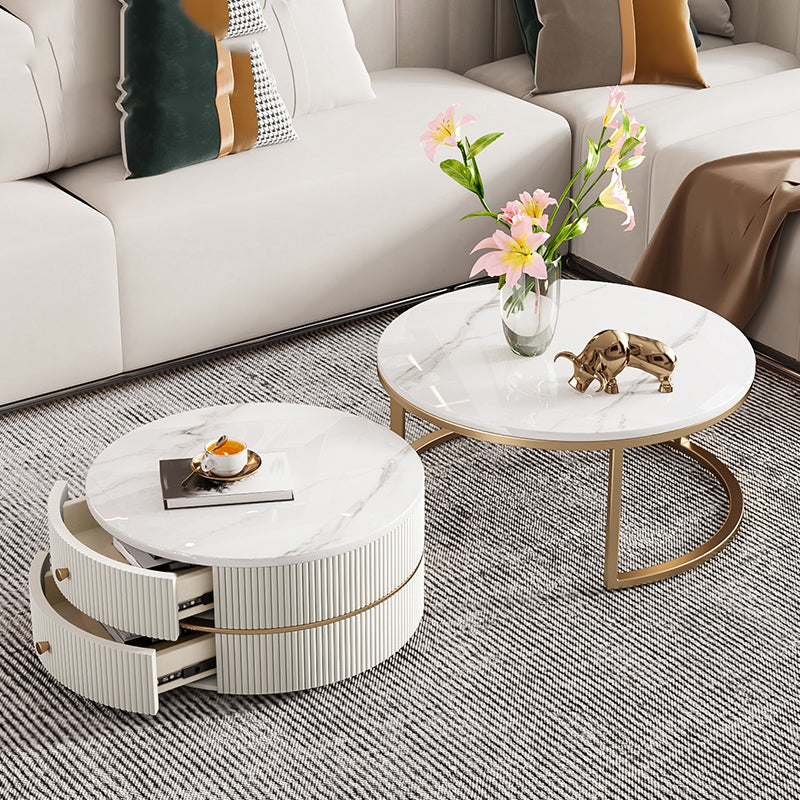 Round Coffee Table Slate Frame Nesting Coffee Table Set with Drawer
