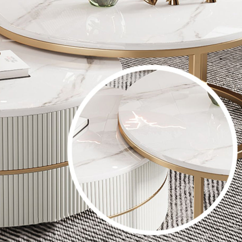 Round Coffee Table Slate Frame Nesting Coffee Table Set with Drawer
