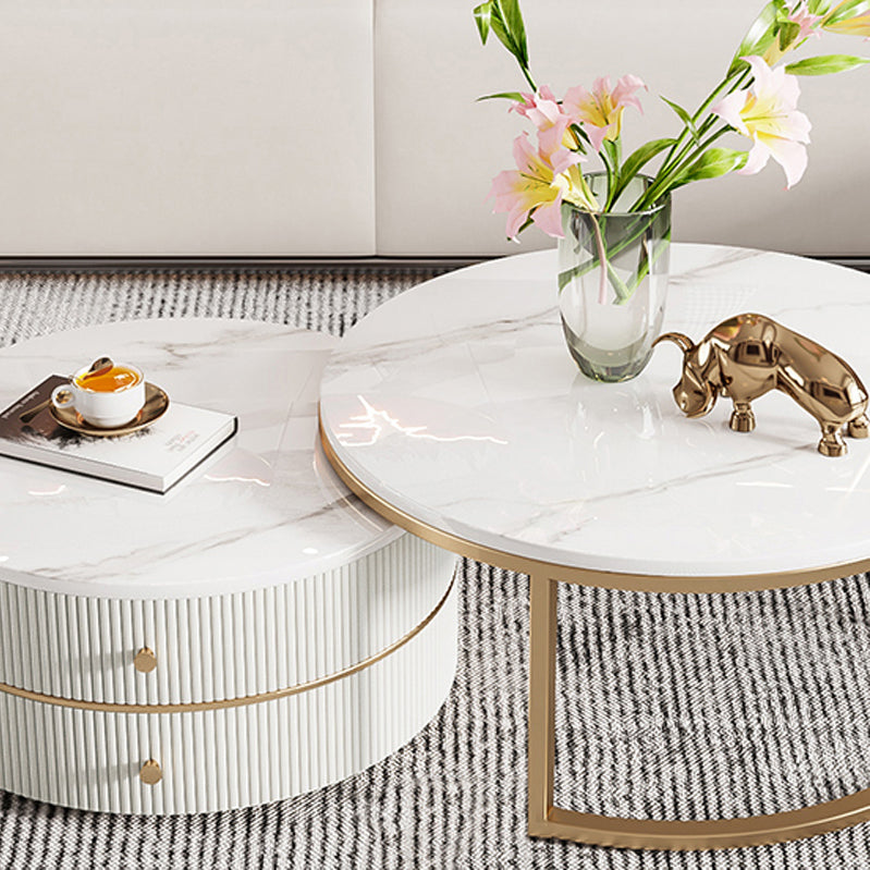 Round Coffee Table Slate Frame Nesting Coffee Table Set with Drawer