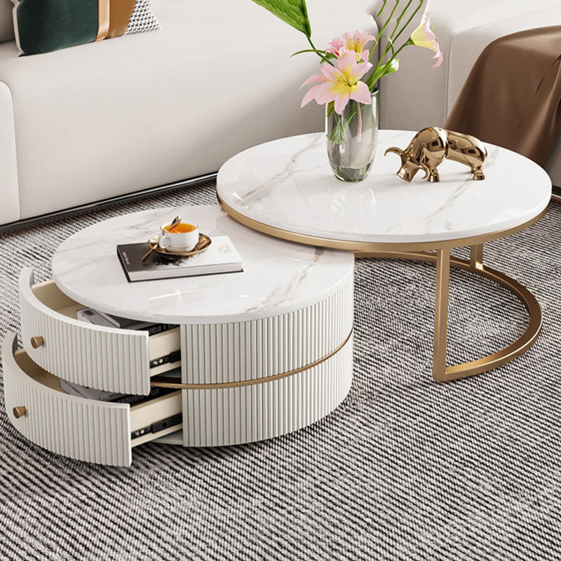 Round Coffee Table Slate Frame Nesting Coffee Table Set with Drawer
