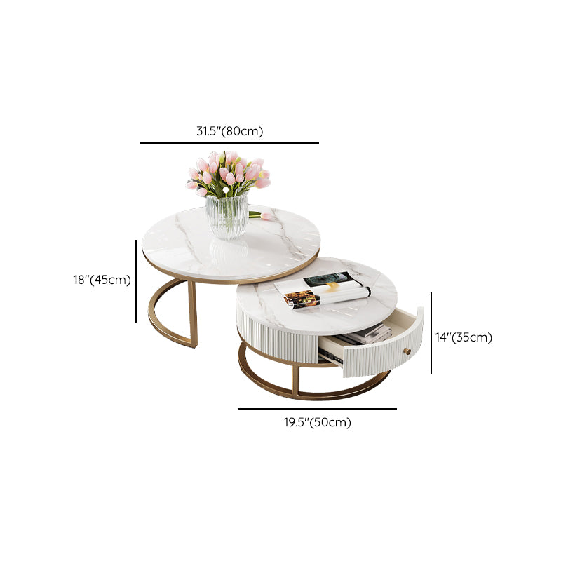 Round Coffee Table Slate Frame Nesting Coffee Table Set with Drawer